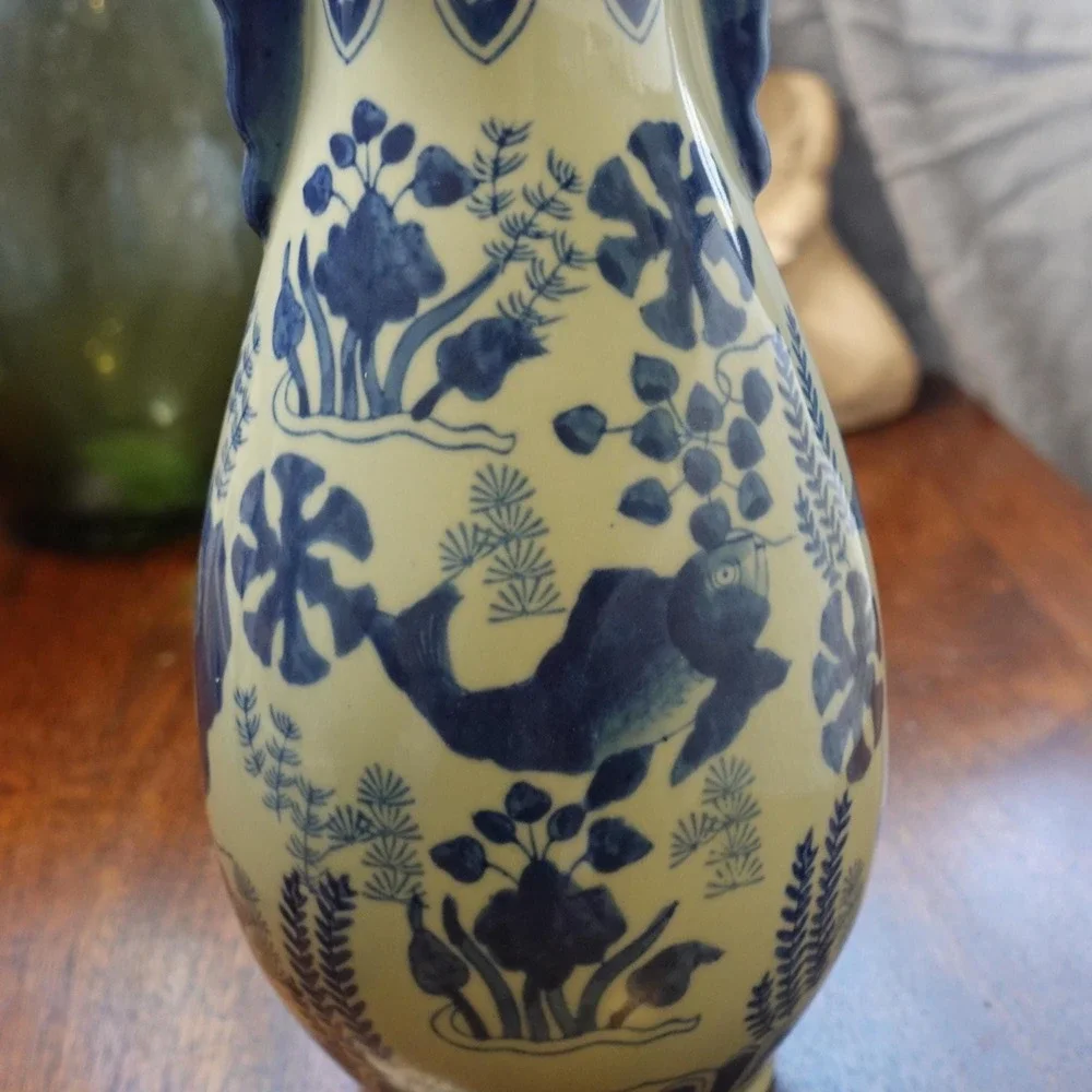 Blue and White Chinoiserie Fish‎ Motif Ceramic Vase with Handles 11 Inch Tall